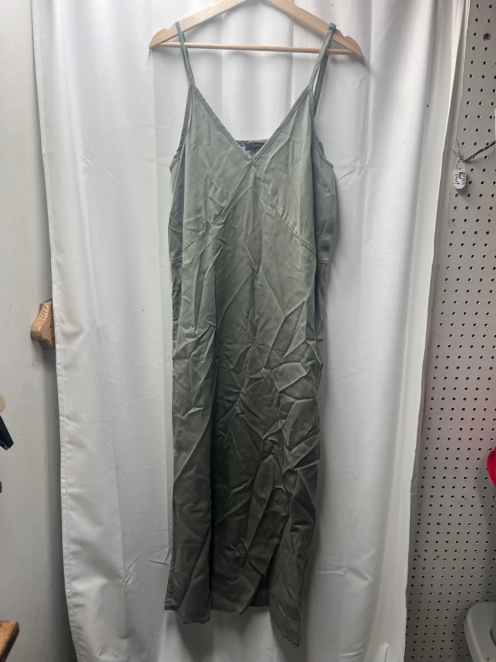 QUINCE Olive Green Vintage Wash Tencel  Adjustable Strap Slip Maxi Dress- L - Picture 2 of 6